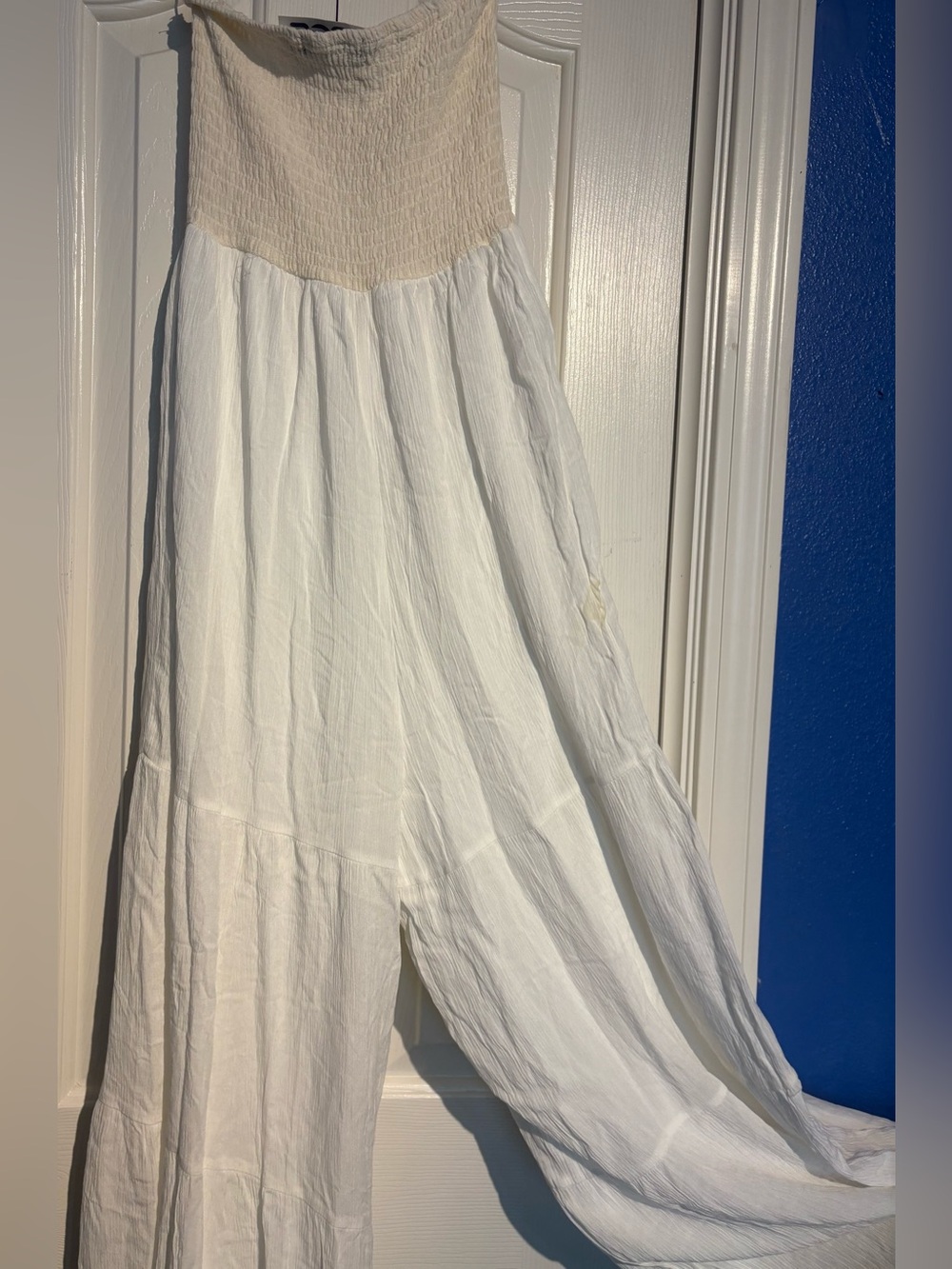 Smocked White Strapless Jumpsuit